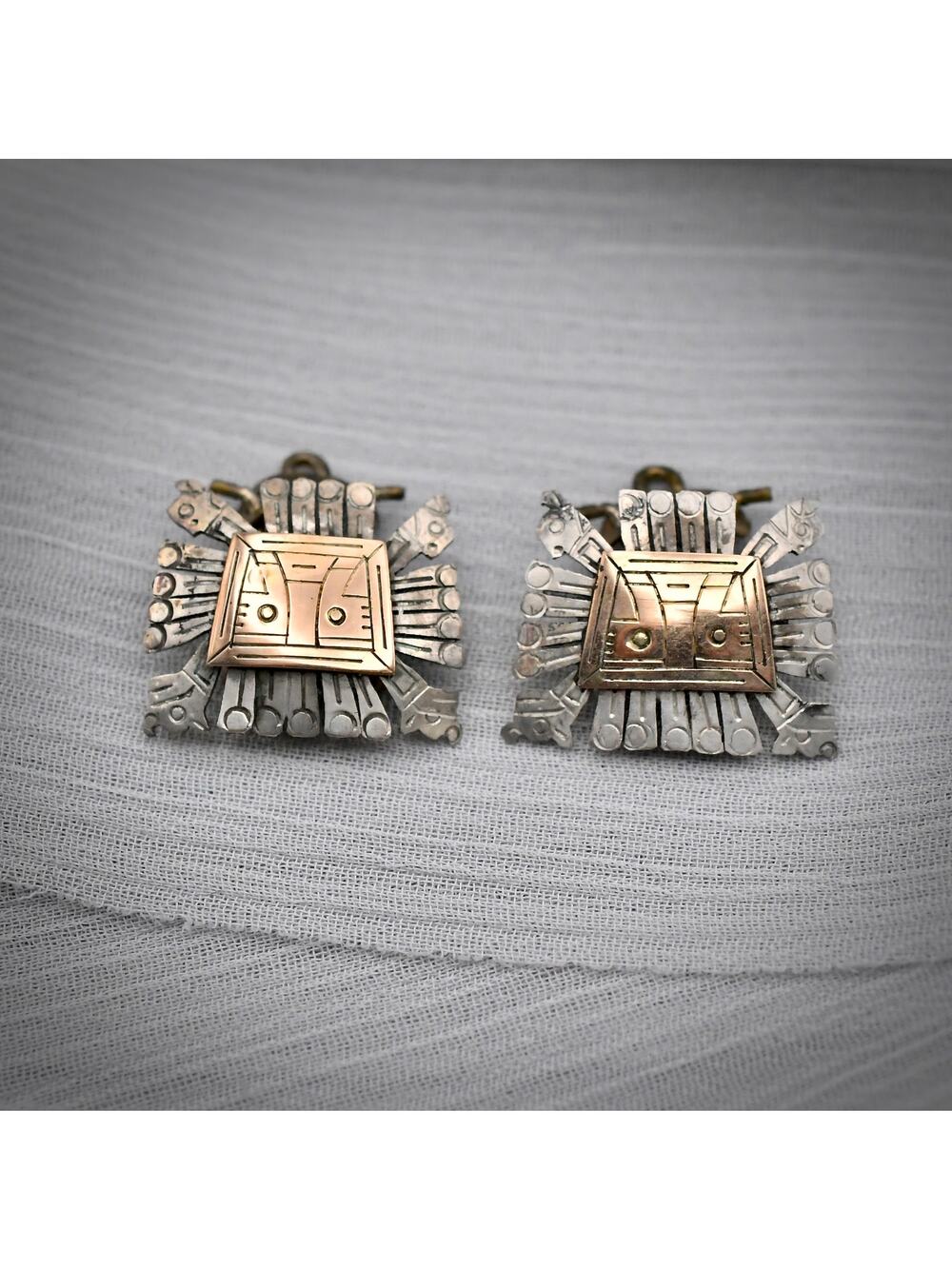 Vintage Peruvian 14k Gold Sterling Silver Incan Sun God Clip On Earrings